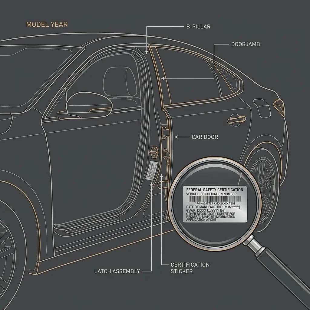Driver's doorjamb B-pillar silver certification sticker VIN location