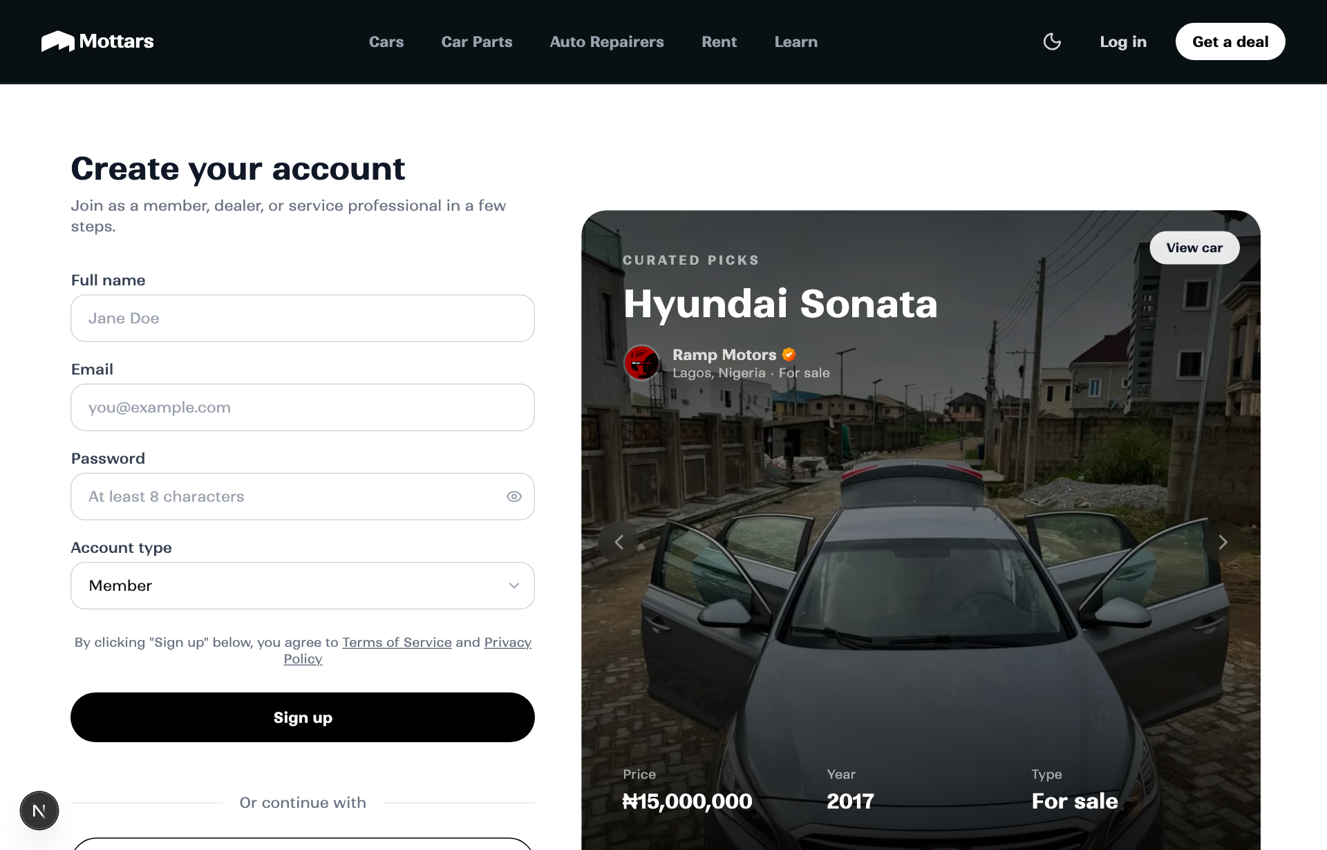 The Mottars sign-up page with the account type set to Member