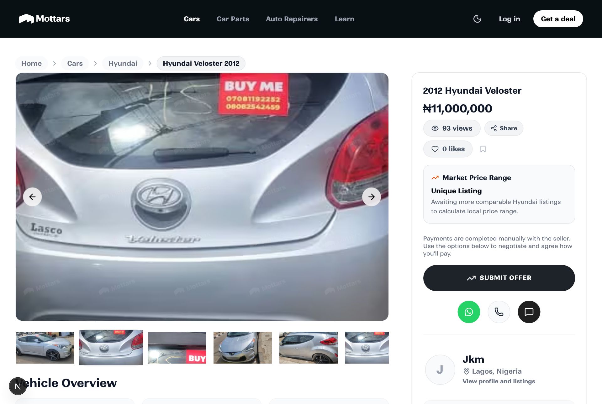 A car listing page on Mottars with photos, price, and the Submit Offer button