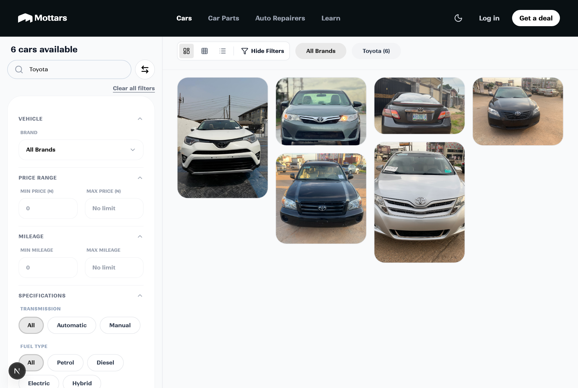 Searching "Toyota" on Mottars, showing matching cars