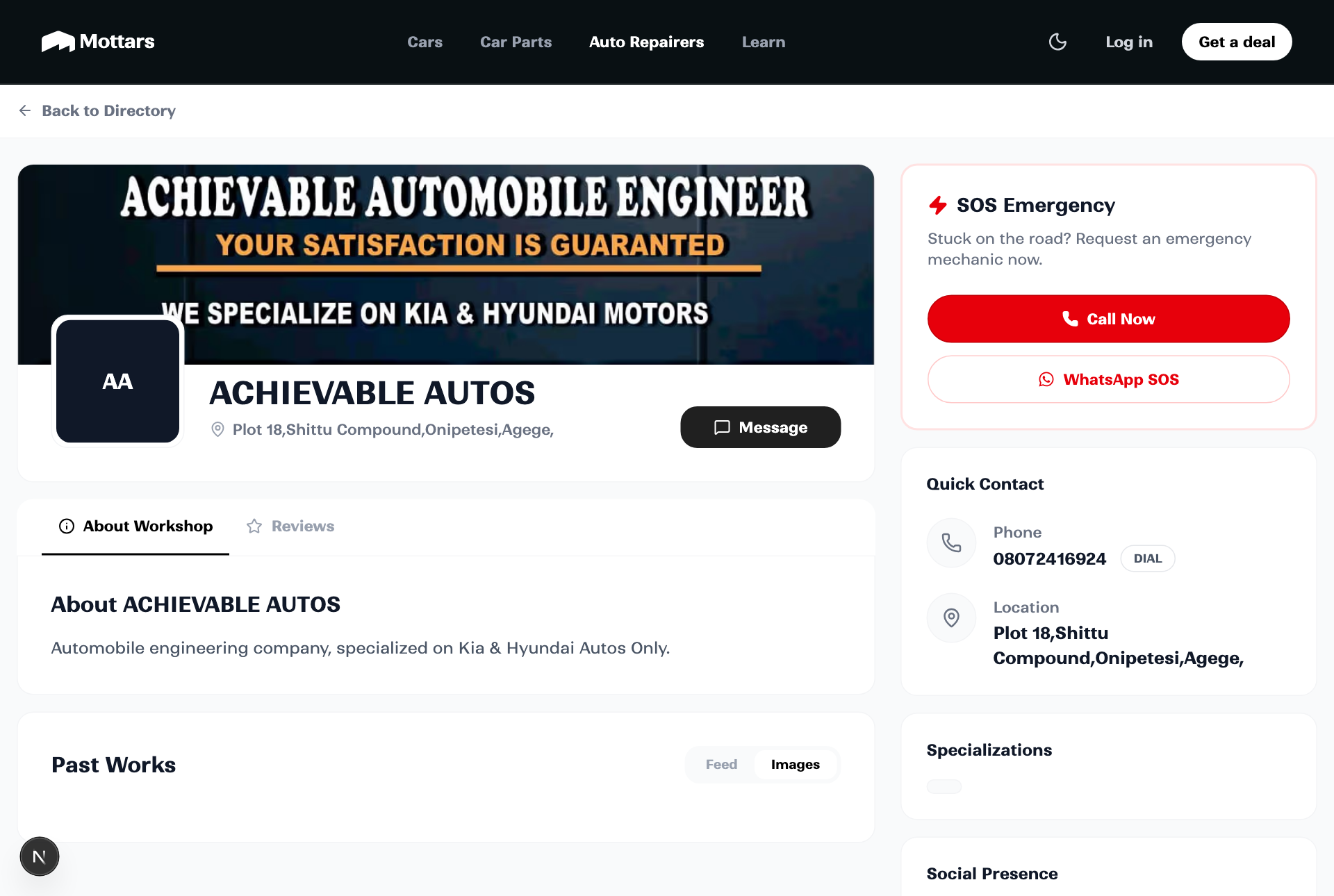 A verified auto repairer profile on Mottars