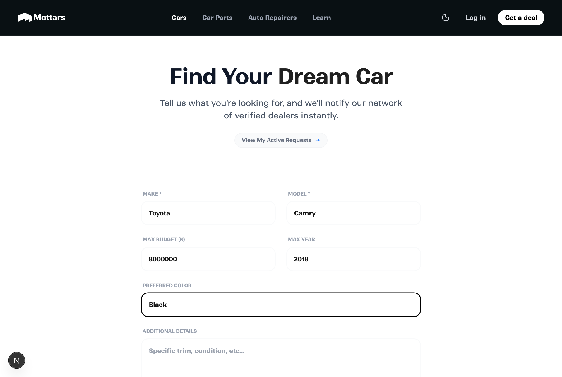 The request form filled in with a Toyota Camry example