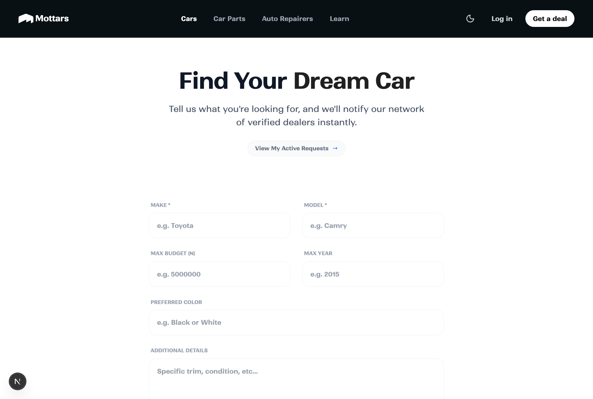 The Find Your Dream Car request form on Mottars