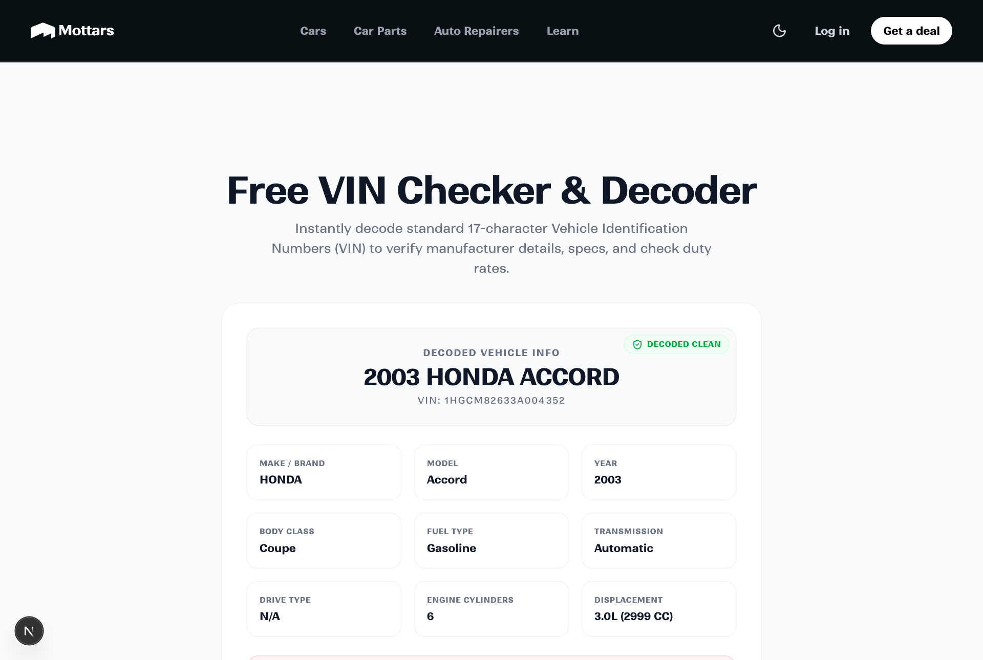 Decoded VIN result on Mottars showing a 2003 Honda Accord