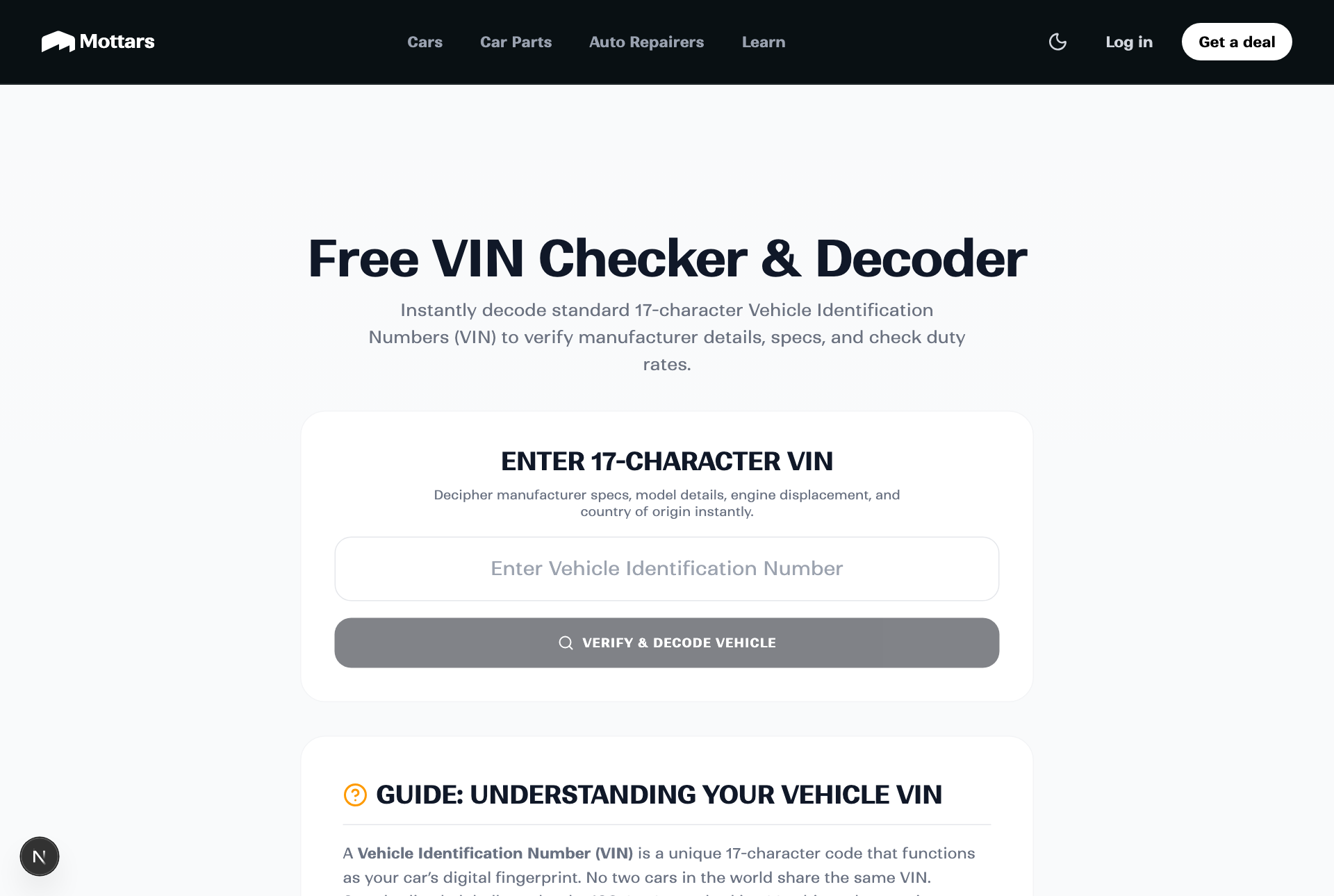 The free Mottars VIN checker and decoder tool